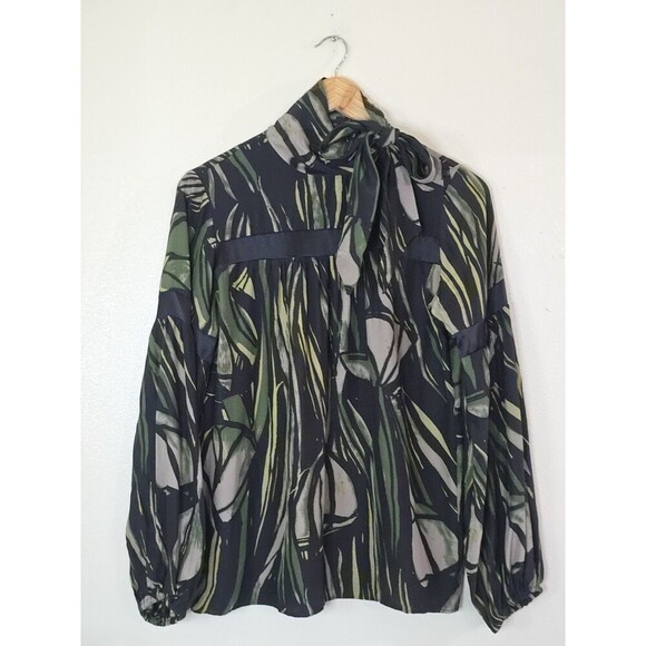 Anthropologie Tops - Harkham Silk Long Sleeve Blouse Womens Size Medium Green Black Bow Anthropologie